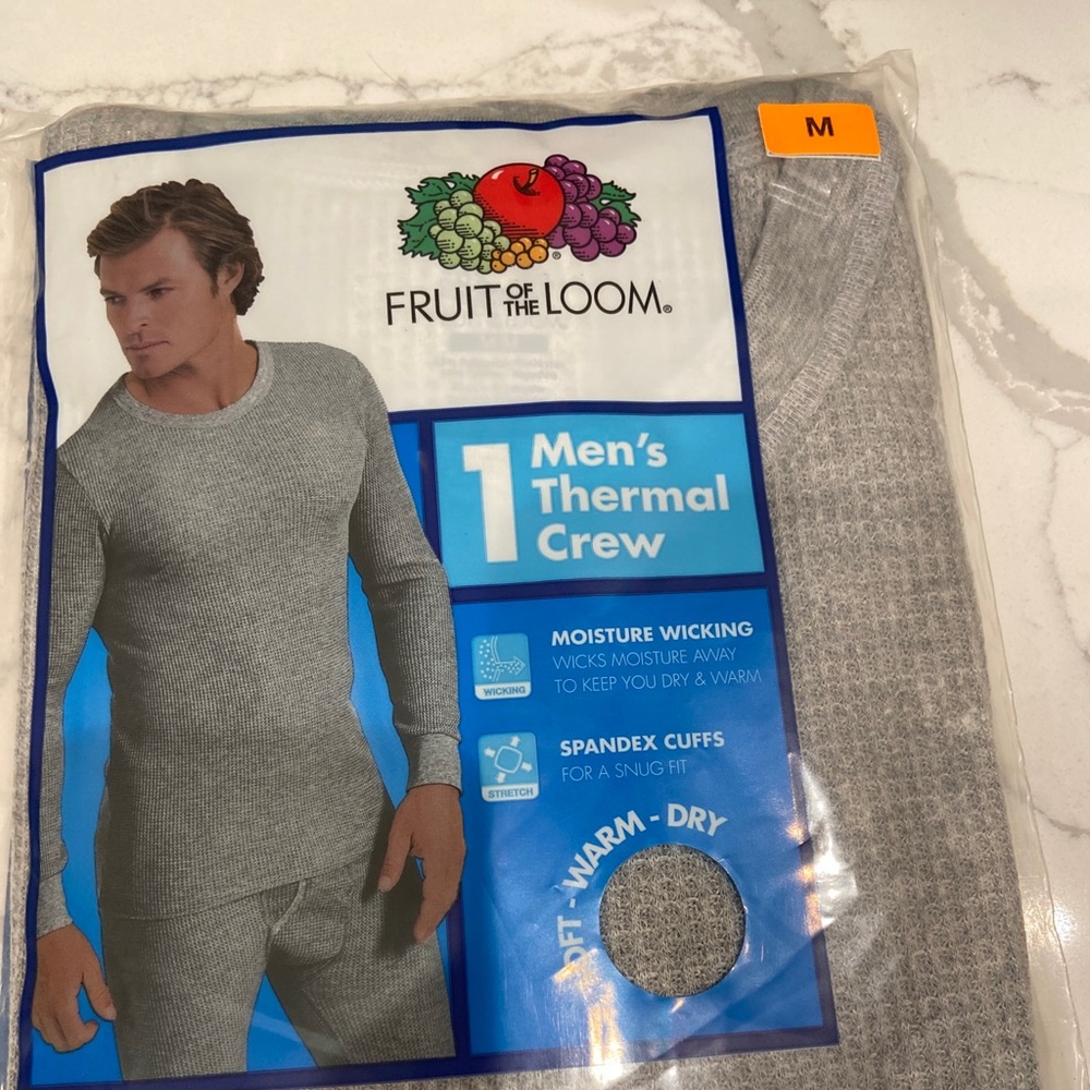 New Fruit of the Loom Men's Thermal Crew Shirt Moisture Wicking M Gray
